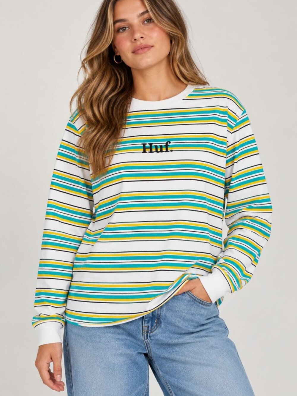 HUF Striped Long Sleeve Shirt L Y2K Skate Streetwear Embroidered Logo Tee
